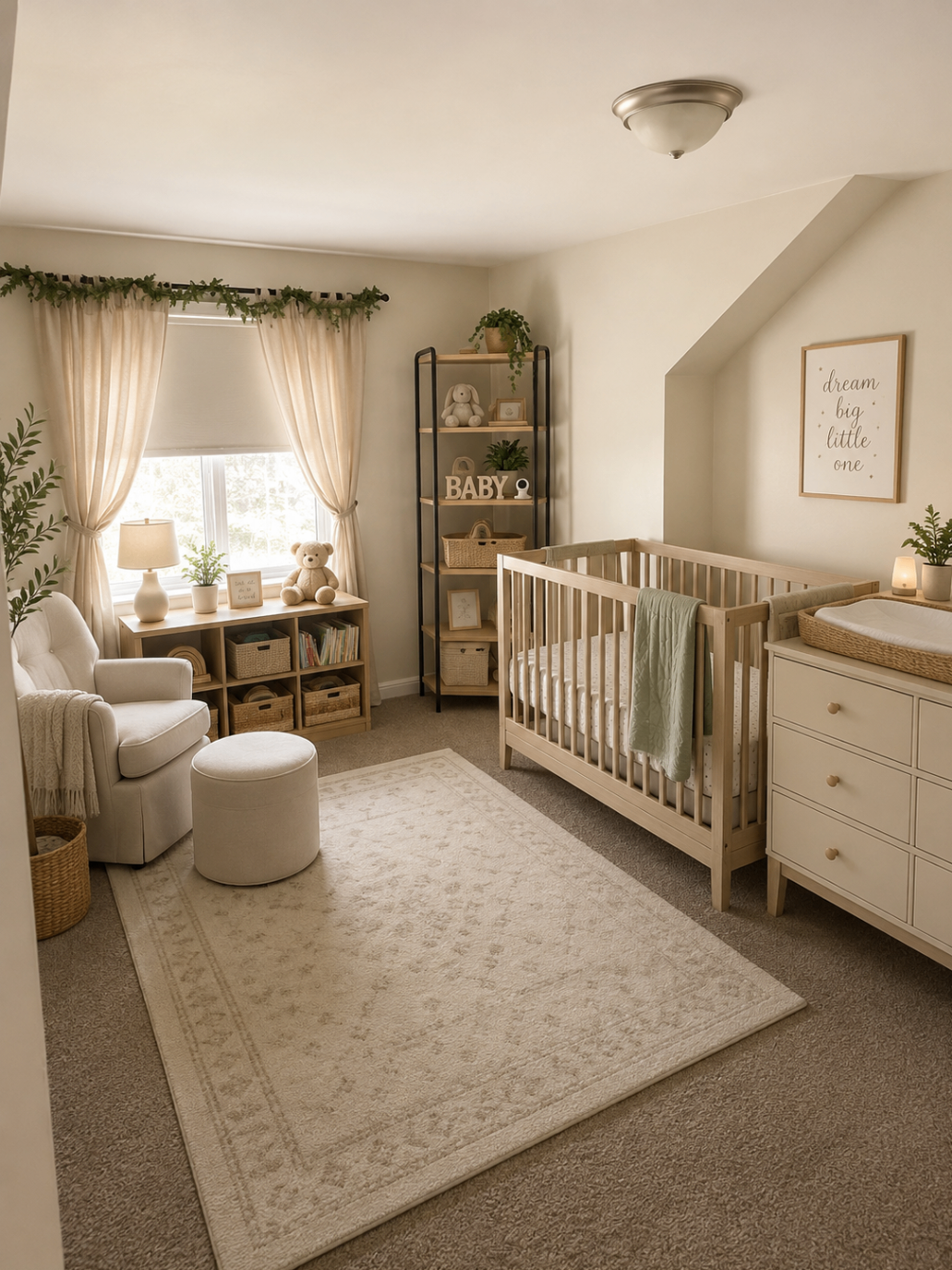 The nursery with crib, changing table, and cozy reading nook