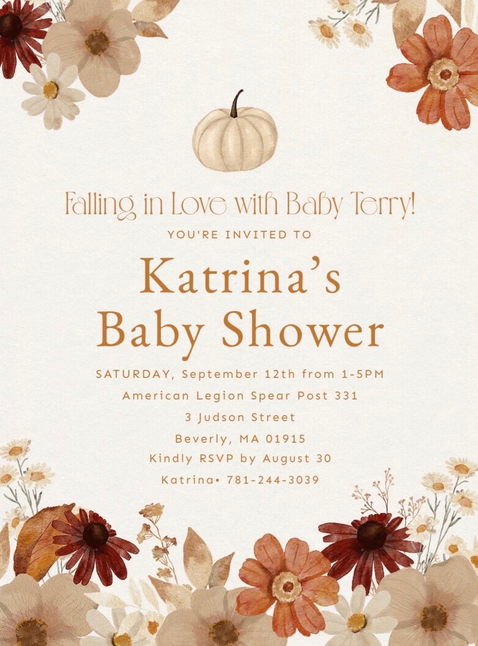 Falling in Love with Our Little Girl — Katrina's Baby Shower invitation with watercolor florals and a white pumpkin
